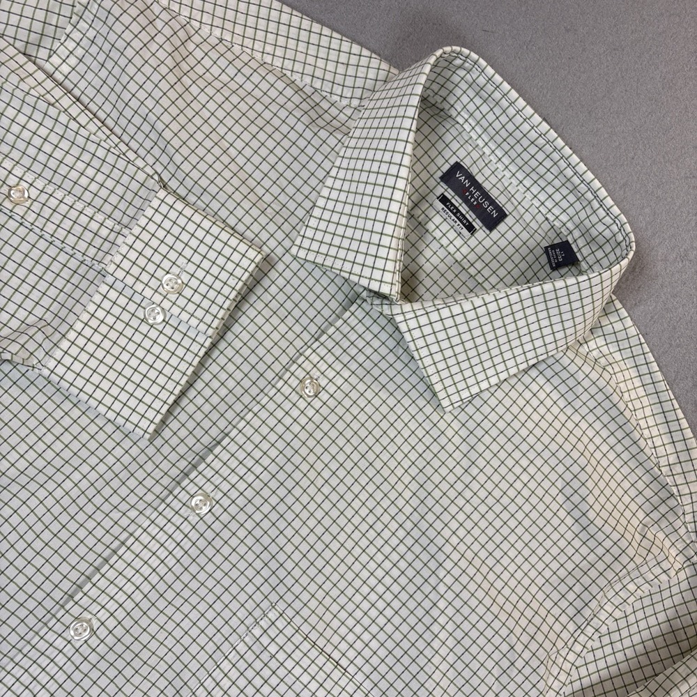 NWT Van Heusen Flex Shirt Men 17 32/33 Green check Long Sleeve Button Up Stretch
